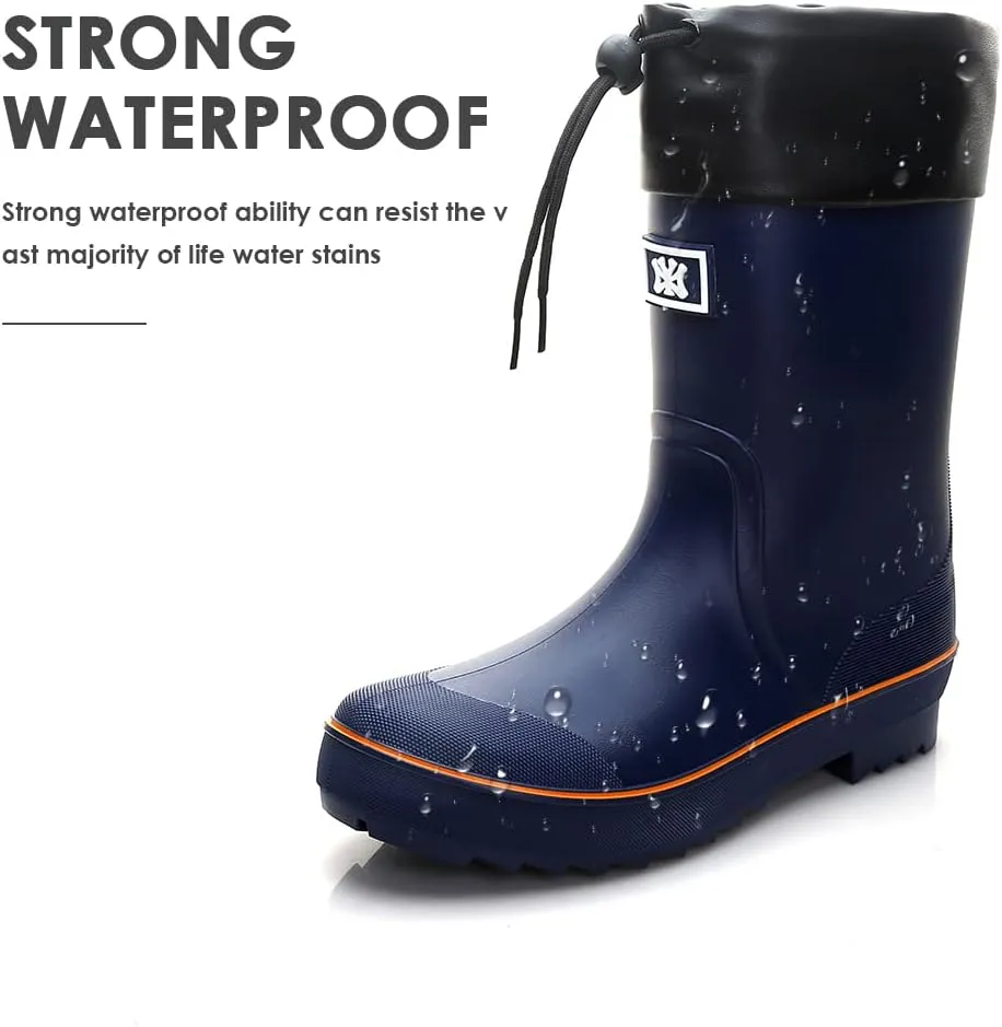 Rain Boots for Men, Waterproof Warm Rubber Boots Mens Garden Boots, Comfort Mid-Calf Lightweight Adjustable Raining Shoes, Elastic Chelsea Ankle Rain Boots Fishing Shoes for Yard Farm Outdoor Work