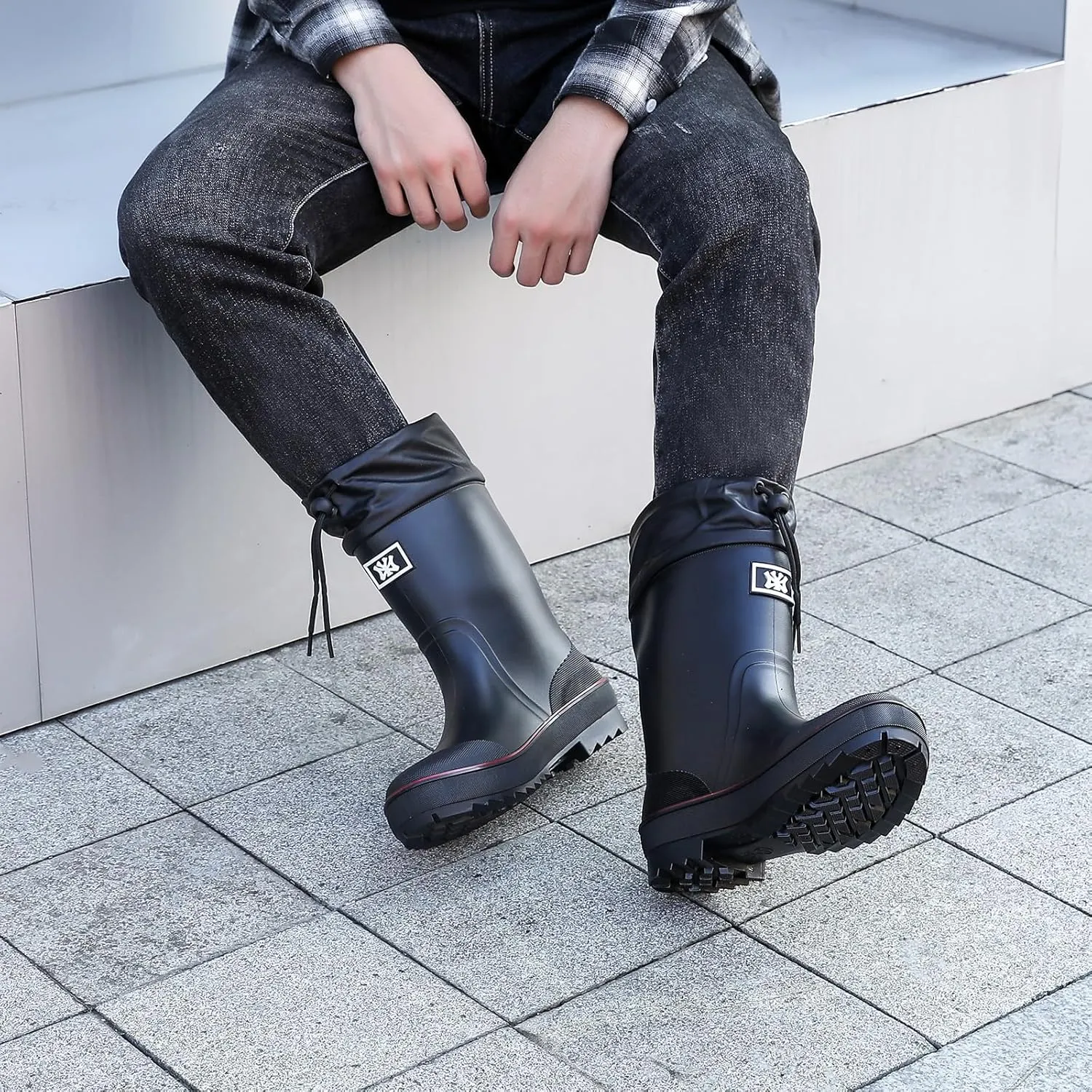 Rain Boots for Men, Waterproof Warm Rubber Boots Mens Garden Boots, Comfort Mid-Calf Lightweight Adjustable Raining Shoes, Elastic Chelsea Ankle Rain Boots Fishing Shoes for Yard Farm Outdoor Work