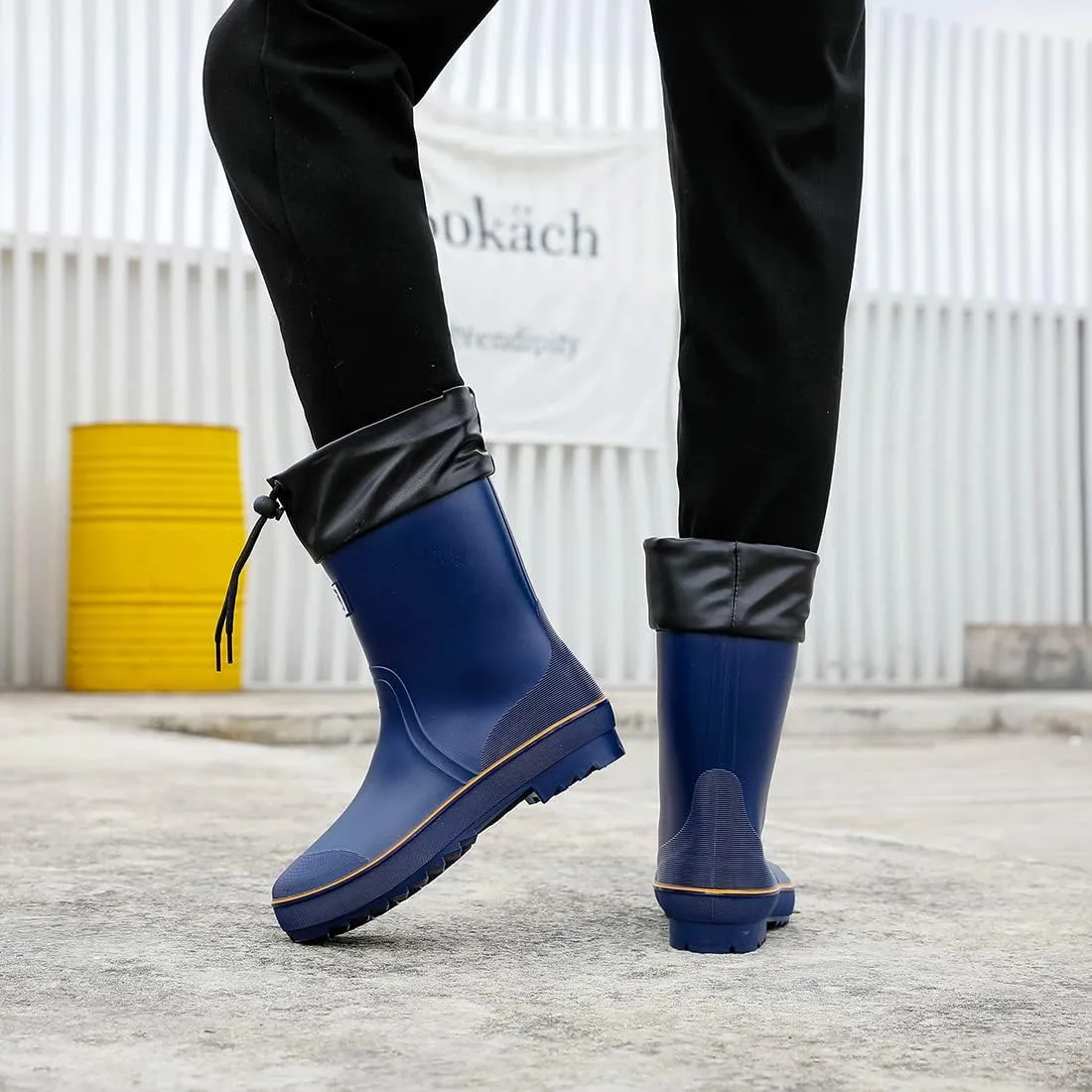 Rain Boots for Men, Waterproof Warm Rubber Boots Mens Garden Boots, Comfort Mid-Calf Lightweight Adjustable Raining Shoes, Elastic Chelsea Ankle Rain Boots Fishing Shoes for Yard Farm Outdoor Work