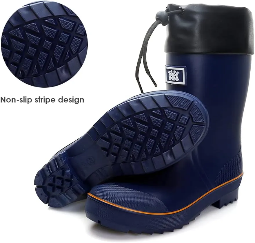 Rain Boots for Men, Waterproof Warm Rubber Boots Mens Garden Boots, Comfort Mid-Calf Lightweight Adjustable Raining Shoes, Elastic Chelsea Ankle Rain Boots Fishing Shoes for Yard Farm Outdoor Work