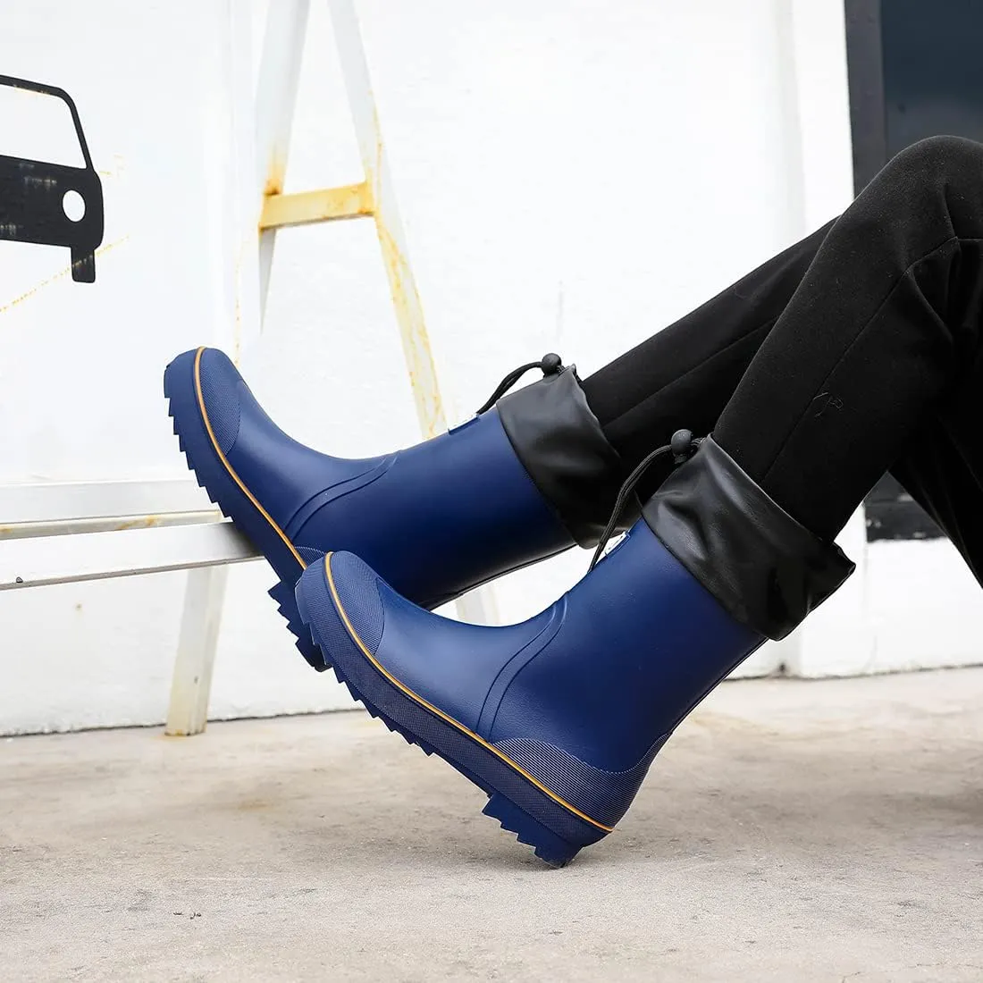 Rain Boots for Men, Waterproof Warm Rubber Boots Mens Garden Boots, Comfort Mid-Calf Lightweight Adjustable Raining Shoes, Elastic Chelsea Ankle Rain Boots Fishing Shoes for Yard Farm Outdoor Work