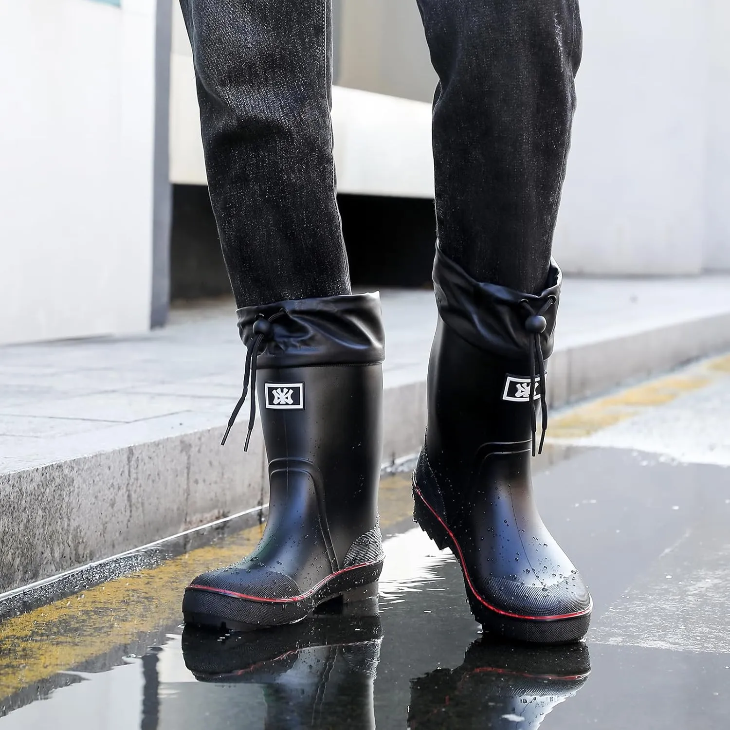 Rain Boots for Men, Waterproof Warm Rubber Boots Mens Garden Boots, Comfort Mid-Calf Lightweight Adjustable Raining Shoes, Elastic Chelsea Ankle Rain Boots Fishing Shoes for Yard Farm Outdoor Work