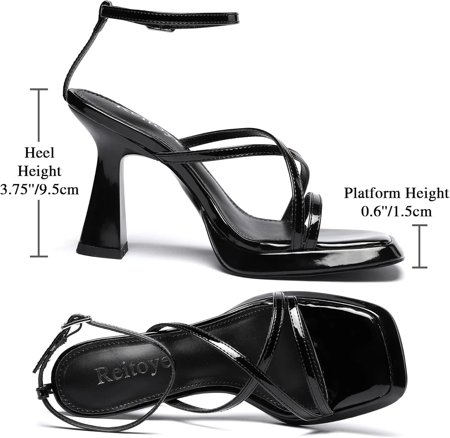 Reitoye Strappy Heels for Women Platform High Chunky Heels Square Open Toe Heeled Sandals Ankle Strap Block Heels