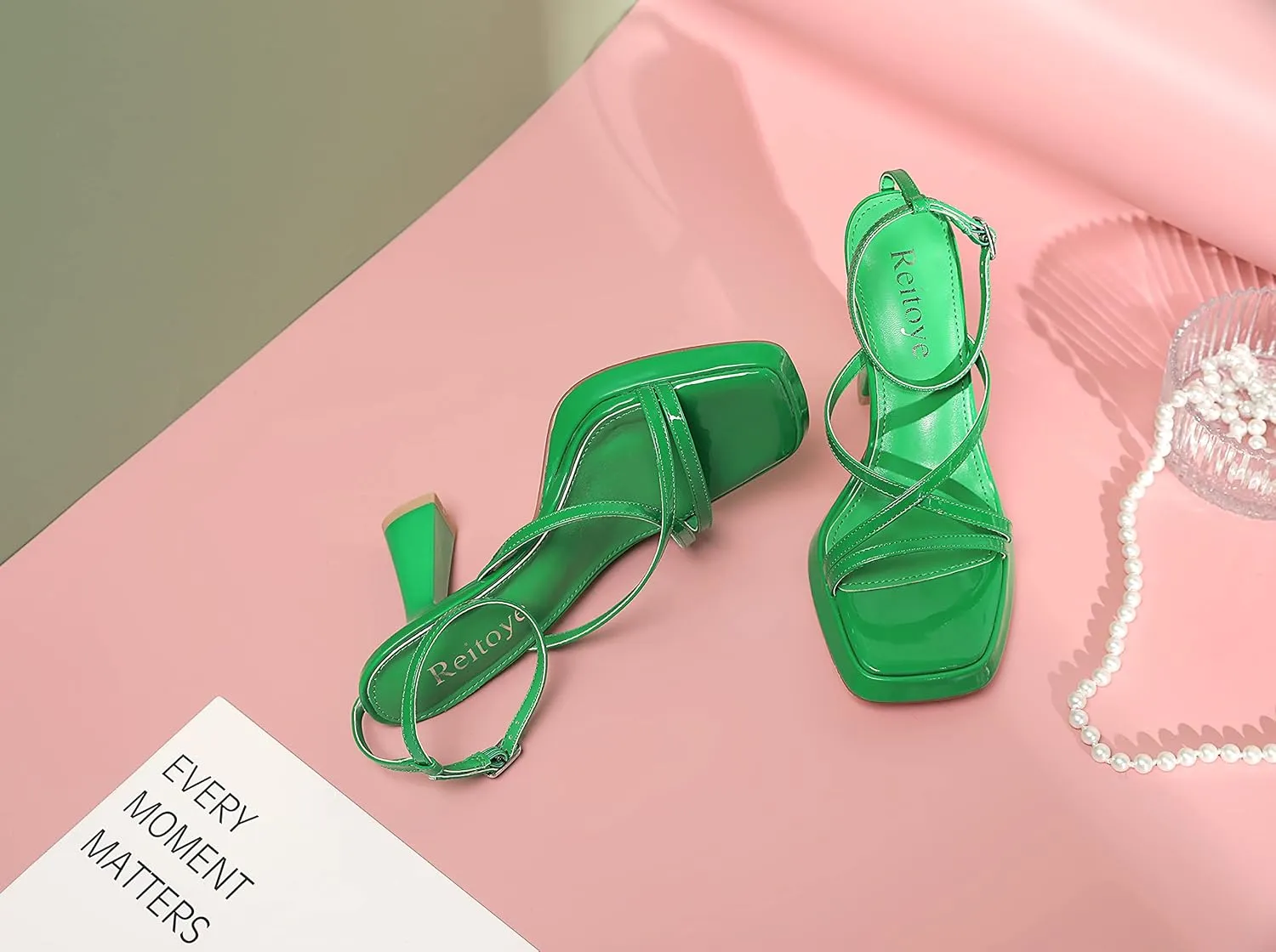 Reitoye Strappy Heels for Women Platform High Chunky Heels Square Open Toe Heeled Sandals Ankle Strap Block Heels