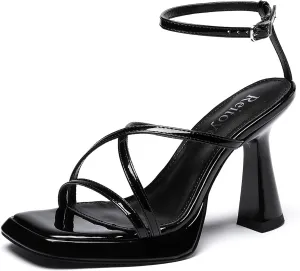 Reitoye Strappy Heels for Women Platform High Chunky Heels Square Open Toe Heeled Sandals Ankle Strap Block Heels