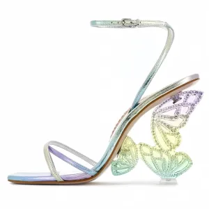 Rhinestone Butterfly Stilletos Heels Sandals for Women, Open Pointed High Heels Sandals Ankle Strap Buckles Elegant Wedding Dress Shoes
