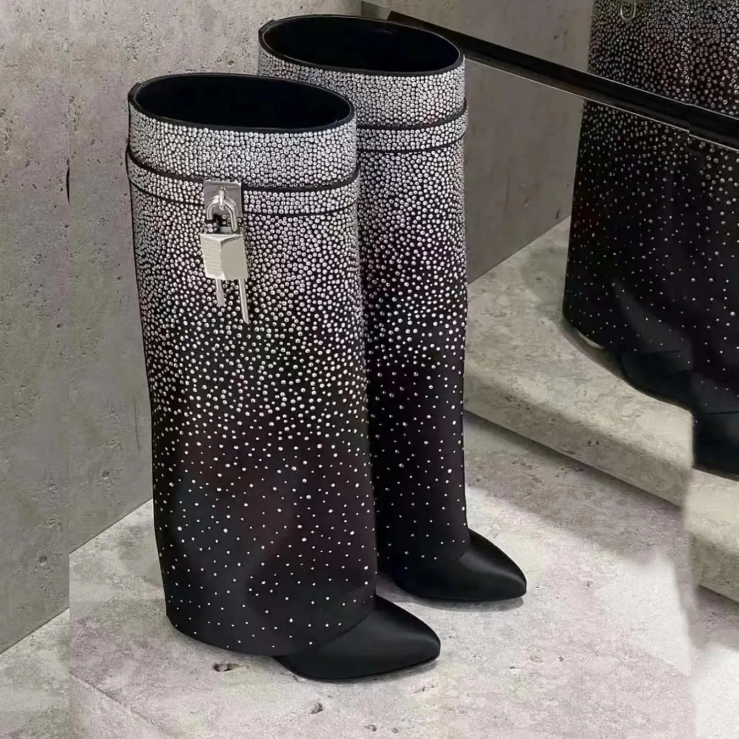 Rhinestones Fold Over Knee High Boots for Women Shark Lock Boots High Shaft Wide Calf Fashion Boots Blue Black Boots Pull on Party Concert Boots