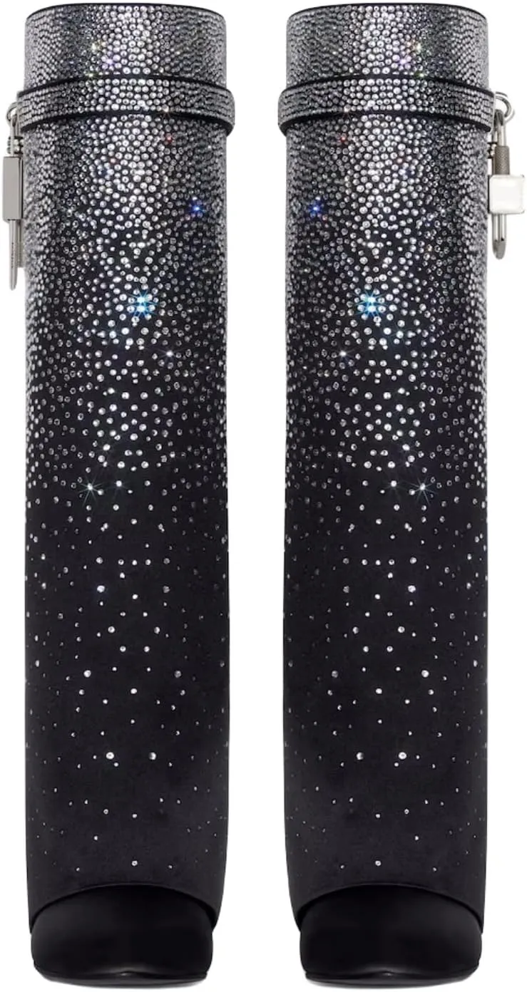 Rhinestones Fold Over Knee High Boots for Women Shark Lock Boots High Shaft Wide Calf Fashion Boots Blue Black Boots Pull on Party Concert Boots