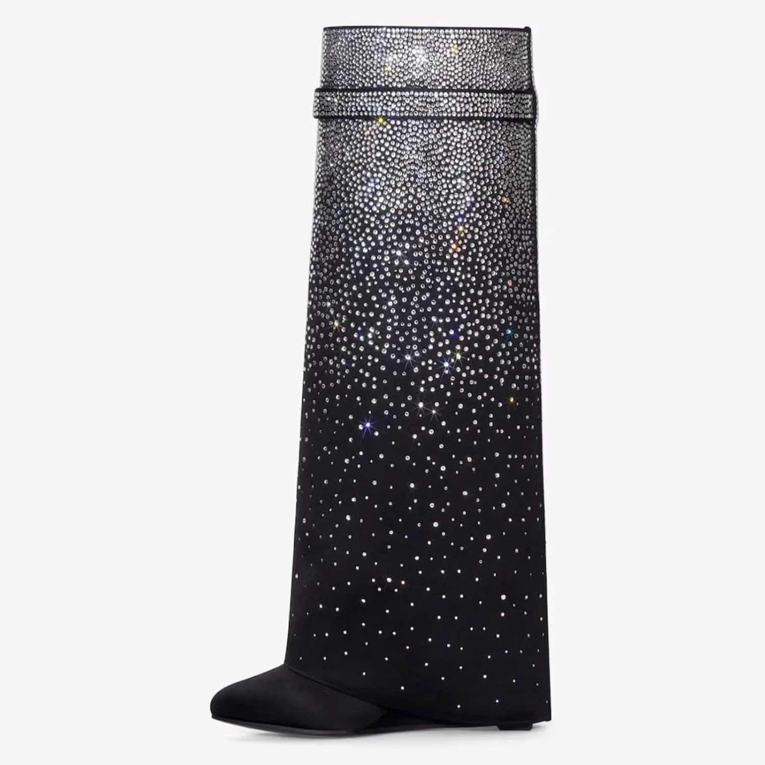 Rhinestones Fold Over Knee High Boots for Women Shark Lock Boots High Shaft Wide Calf Fashion Boots Blue Black Boots Pull on Party Concert Boots