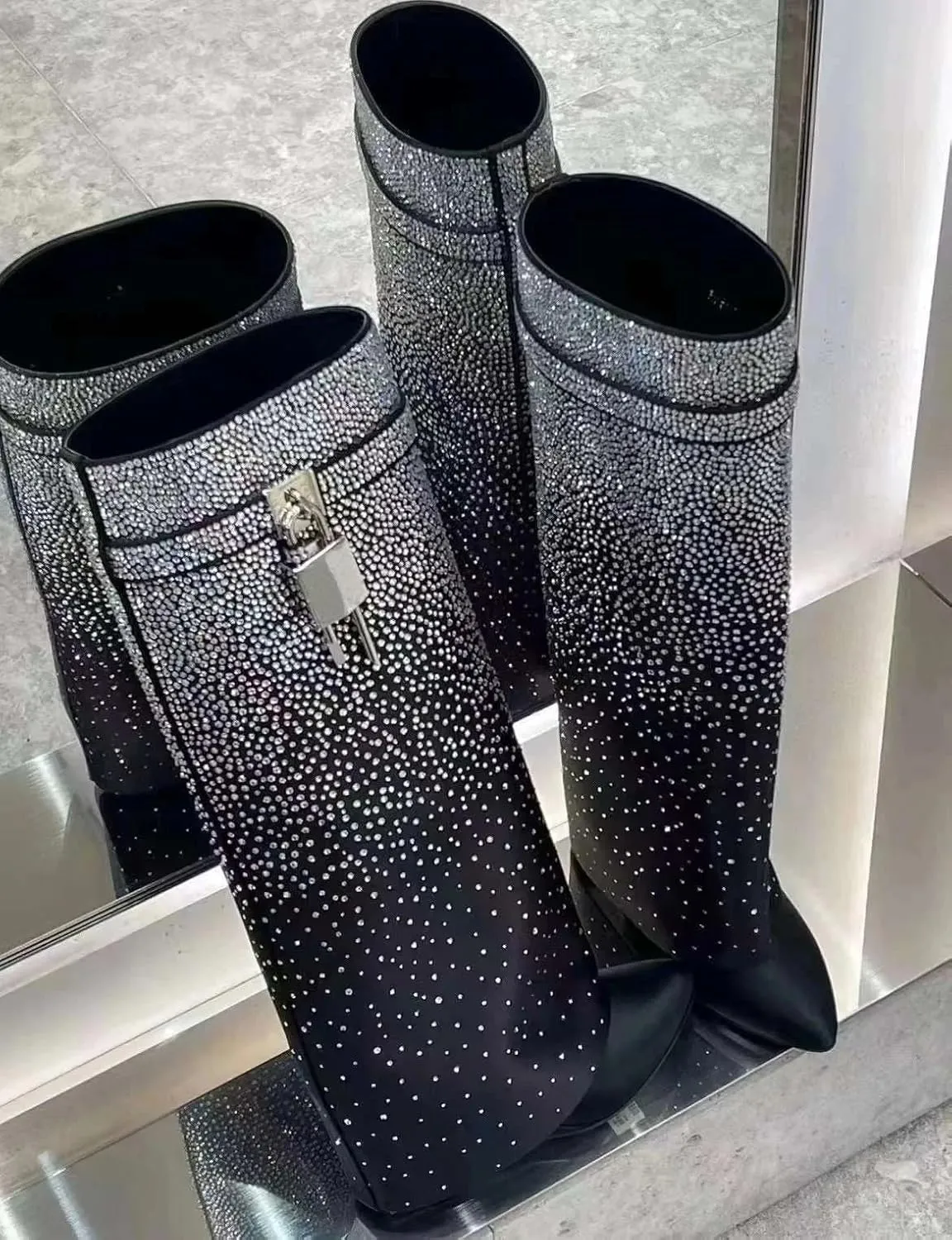 Rhinestones Fold Over Knee High Boots for Women Shark Lock Boots High Shaft Wide Calf Fashion Boots Blue Black Boots Pull on Party Concert Boots