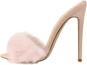 Richealnana Women's Fur Fuzzy Sexy High Heels for Women Stiletto High Heels Mules Sandals