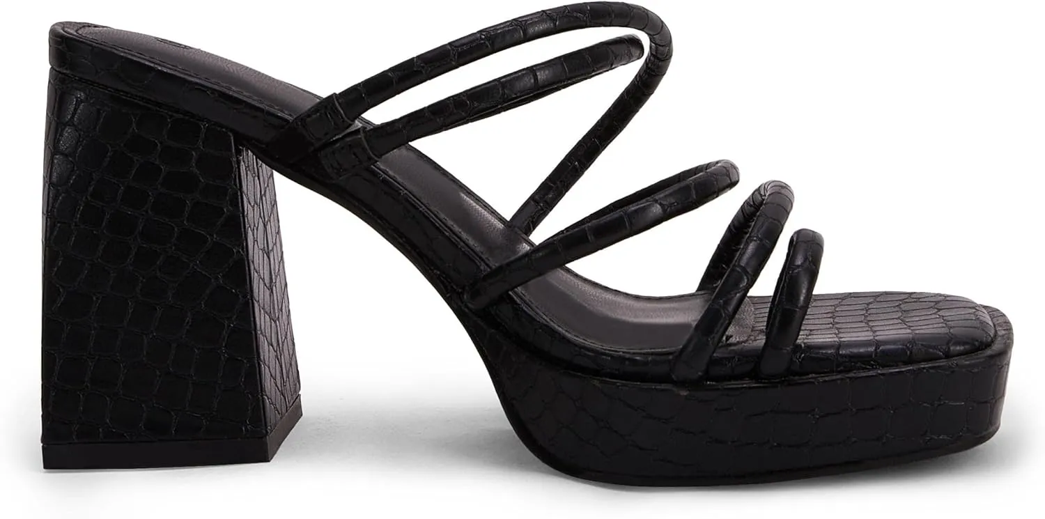 Rilista Women's Chunky Heels Strappy Platform Square Toe Block Heeled Sandals Slip On Mules