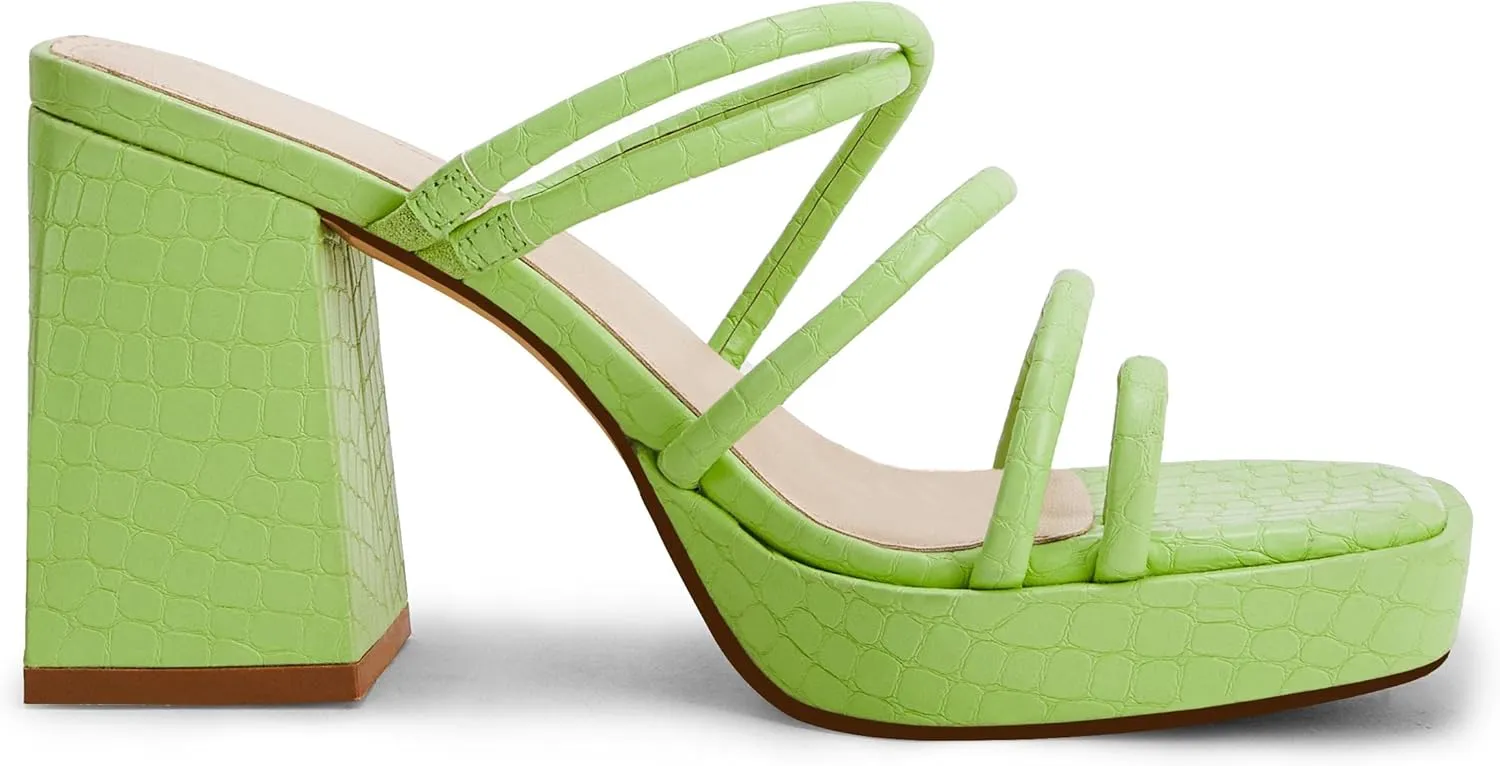 Rilista Women's Chunky Heels Strappy Platform Square Toe Block Heeled Sandals Slip On Mules