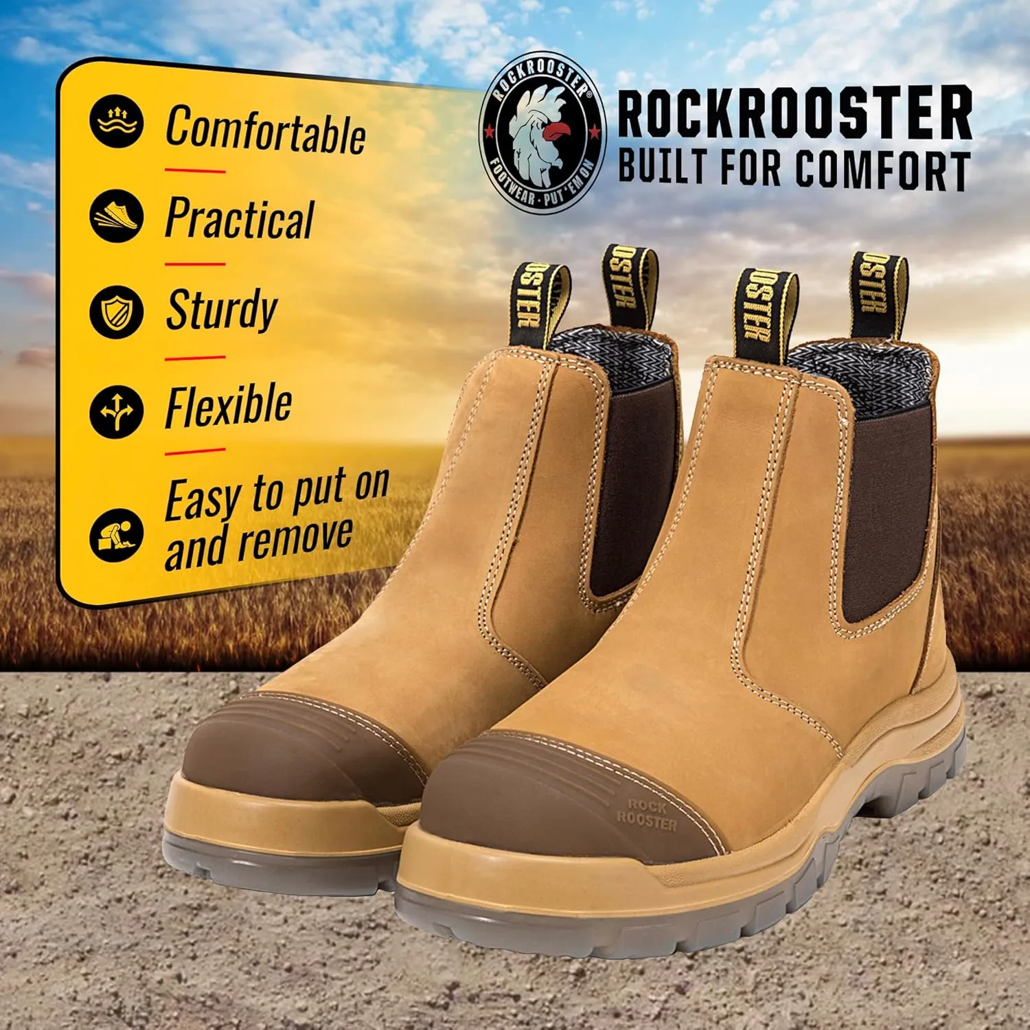 ROCKROOSTER Work Boots for Men, 6 inch Steel Toe, Slip On Safety Leather Chelsea Durable and Comfortable Work Shoes (AK227, AK222)