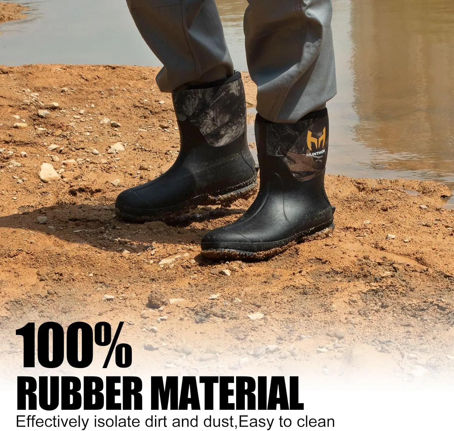 Rubber Boots for Men with Steel Shank, 6mm Neoprene Insulated Rain Boots, Mid Calf Waterproof Rubber Work Boots for Hunting, Gardening, Farming, Fishing
