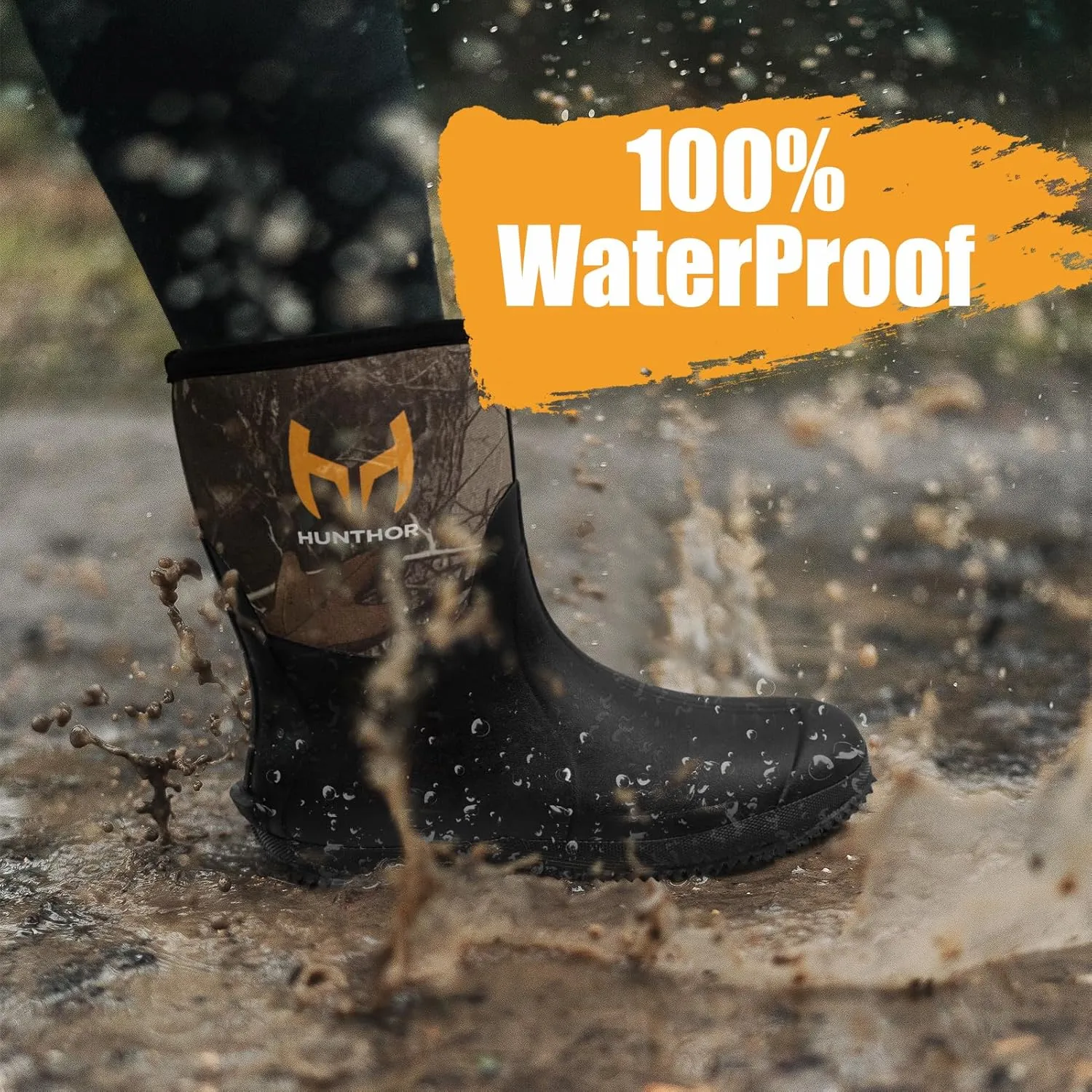 Rubber Boots for Men with Steel Shank, 6mm Neoprene Insulated Rain Boots, Mid Calf Waterproof Rubber Work Boots for Hunting, Gardening, Farming, Fishing