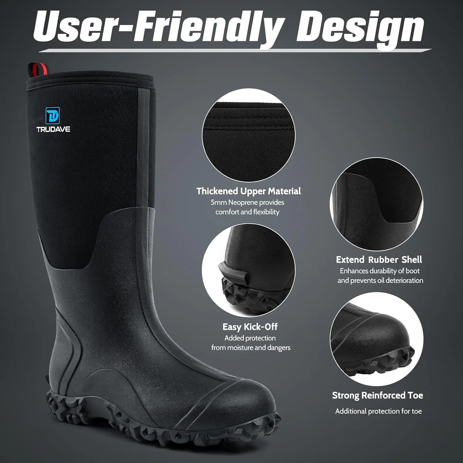 Rubber Boots for Men with Steel Shank, Waterproof Insulated Reliable Rain Boots for Outdoor Work Hunting, Warm Dry 5mm Neoprene Anti-slip All-Season Mud Boots, Size 5-14