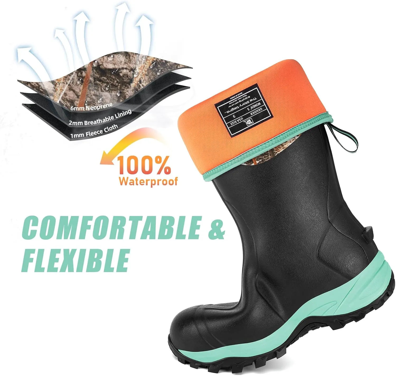 Rubber Boots for Women with Steel Shank, Waterproof Insulated Mud Rain Boots, 6mm Neoprene Anti-slip Outdoor Work Boots, Size 6-11