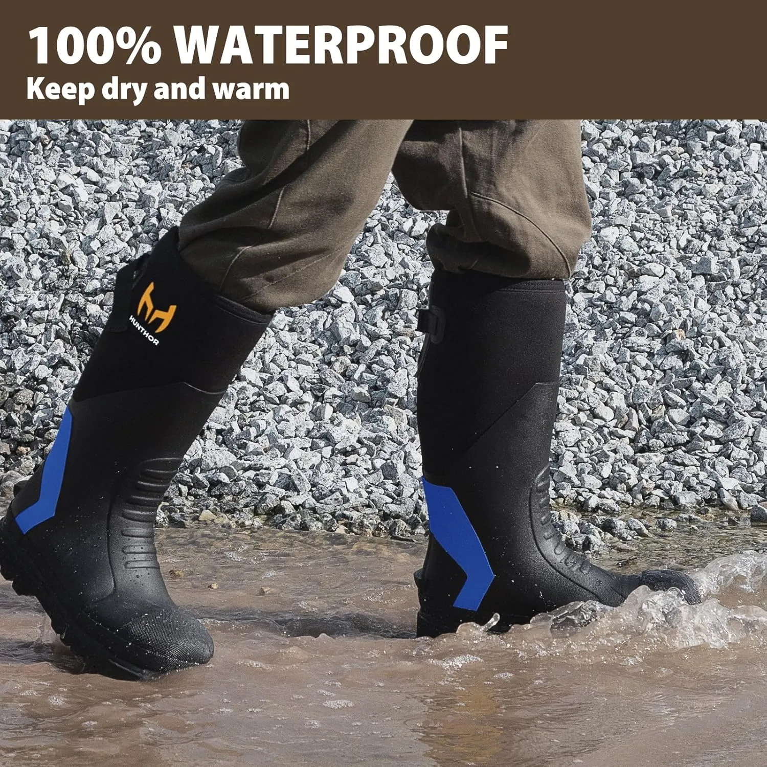 Rubber Work Boots, Puncture-Proof with Steel Toe & Shank, Lightweight Waterproof Anti Slip EVA Outsole Hunting Boots for Men, 6mm Neoprene for Construction, Manufacturing or Farming(Size 6-14)