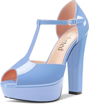 Saekcted Women Chunky Block High Heel Platform Peep Open Toe T-strap Sandals Wedding Office Dress 5.1 Inches Heels