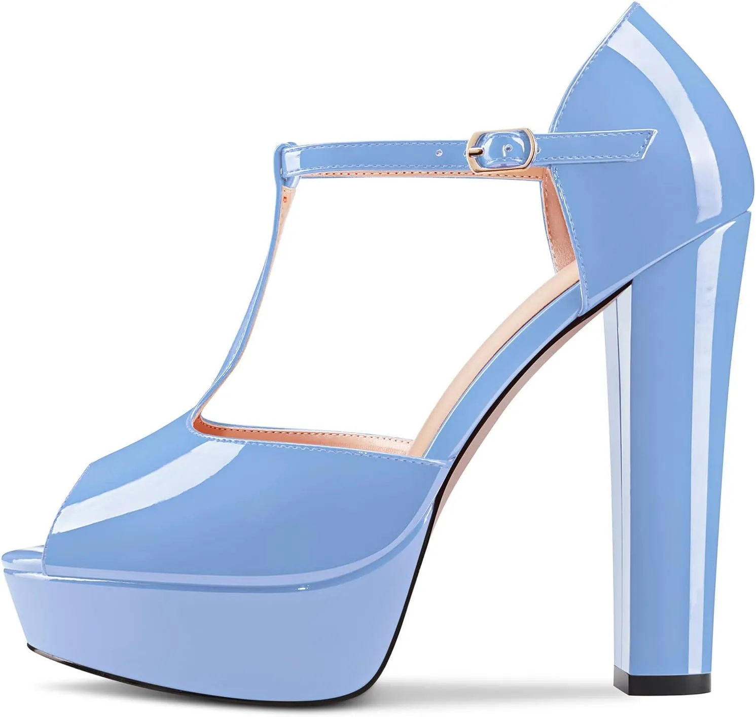 Saekcted Women Chunky Block High Heel Platform Peep Open Toe T-strap Sandals Wedding Office Dress 5.1 Inches Heels