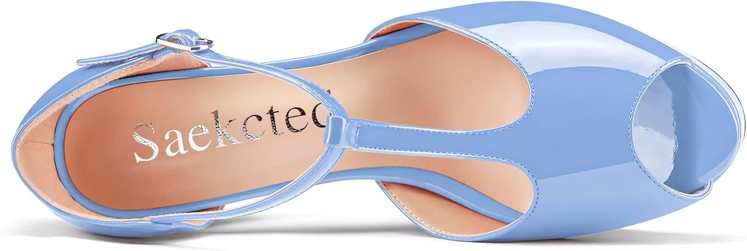 Saekcted Women Chunky Block High Heel Platform Peep Open Toe T-strap Sandals Wedding Office Dress 5.1 Inches Heels