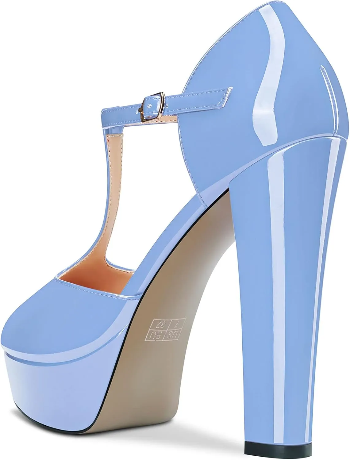 Saekcted Women Chunky Block High Heel Platform Peep Open Toe T-strap Sandals Wedding Office Dress 5.1 Inches Heels