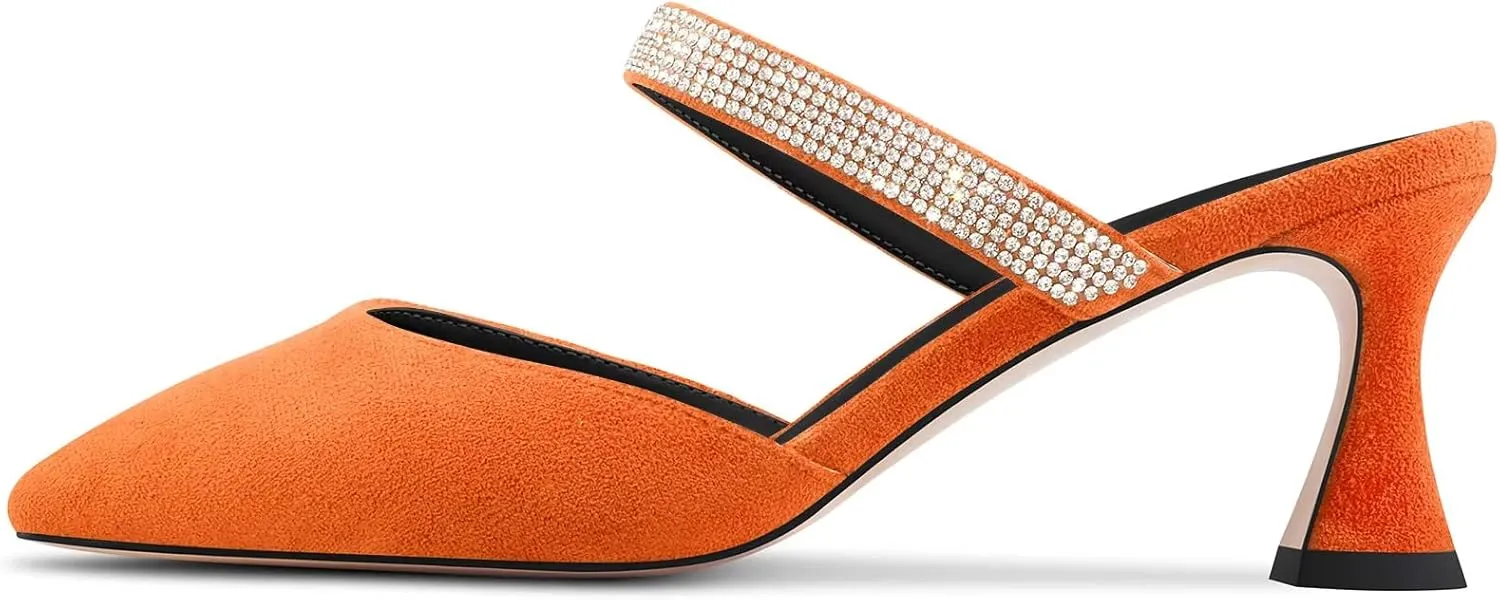 Saekcted Women Chunky Block Mid Heel Pointed Toe Pumps Slip-on Rhinestone Crystal Casual Cute Mules Shoes