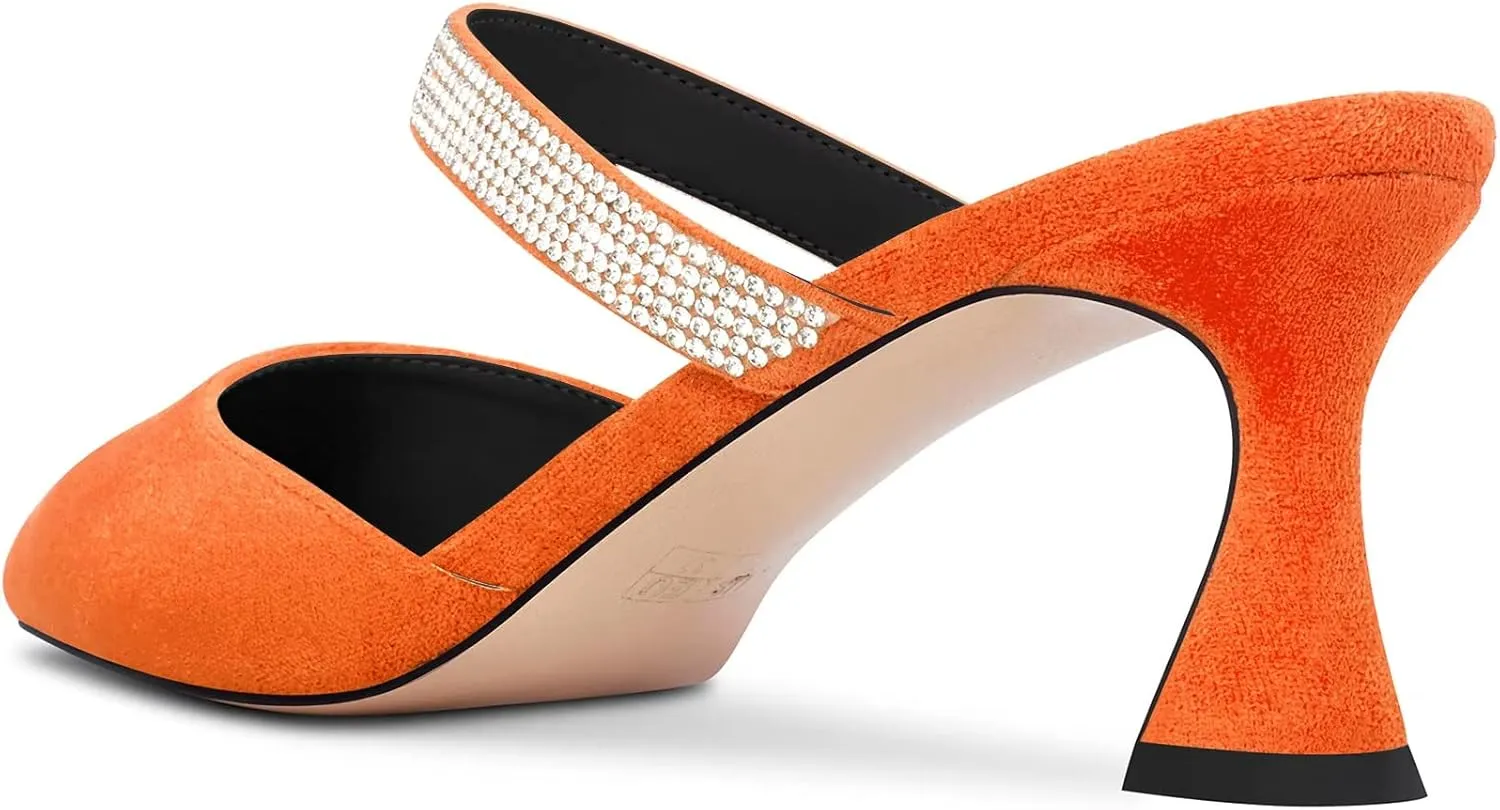 Saekcted Women Chunky Block Mid Heel Pointed Toe Pumps Slip-on Rhinestone Crystal Casual Cute Mules Shoes