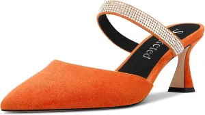 Saekcted Women Chunky Block Mid Heel Pointed Toe Pumps Slip-on Rhinestone Crystal Casual Cute Mules Shoes