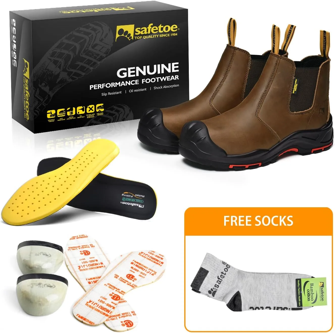 SAFETOE Mens Work Boots Composite Toe Chelsea Safety Boots Slip On Cow Leather Waterproof Lightweight Working Boots