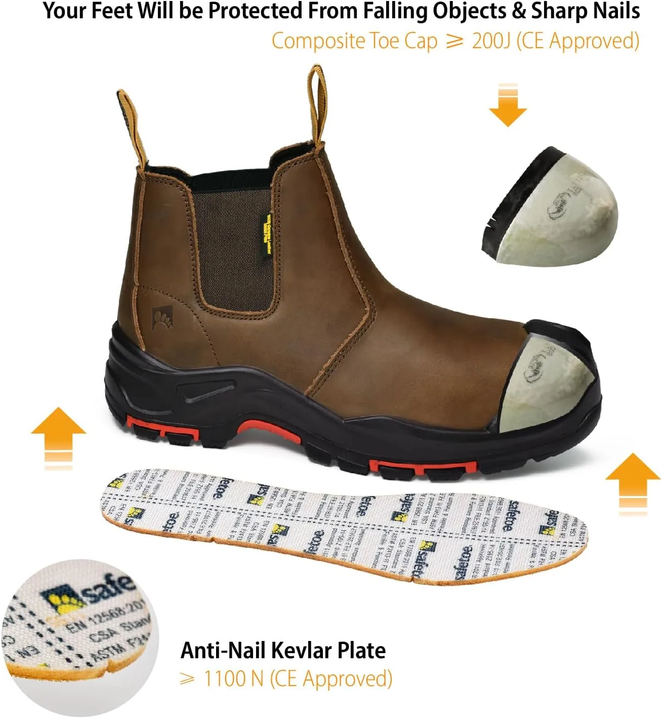 SAFETOE Mens Work Boots Composite Toe Chelsea Safety Boots Slip On Cow Leather Waterproof Lightweight Working Boots