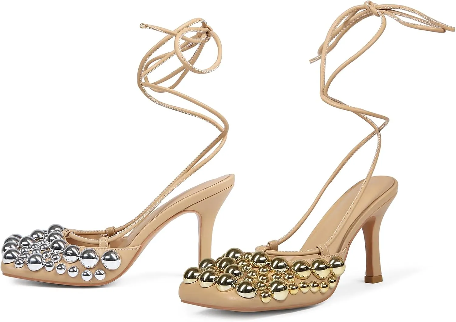 Saint Leia Women's 4IN High Heel Sandals Nude Stiletto Pumps with Gold Silver Pearls Heels for Weddings Parties and Evening Wear