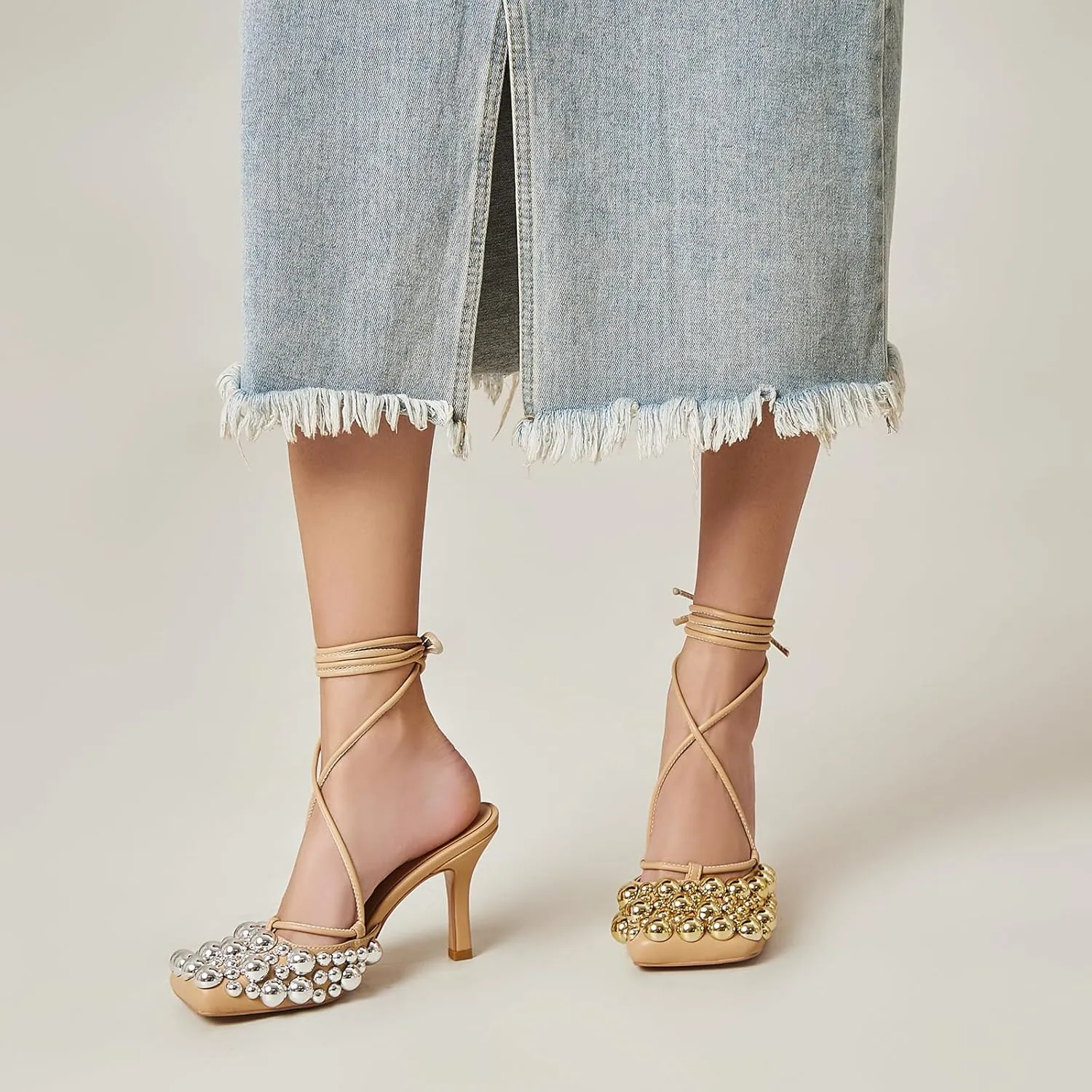 Saint Leia Women's 4IN High Heel Sandals Nude Stiletto Pumps with Gold Silver Pearls Heels for Weddings Parties and Evening Wear