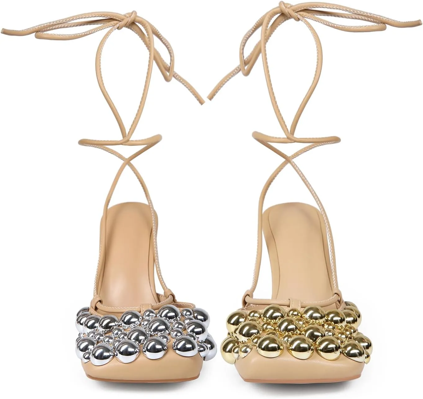Saint Leia Women's 4IN High Heel Sandals Nude Stiletto Pumps with Gold Silver Pearls Heels for Weddings Parties and Evening Wear