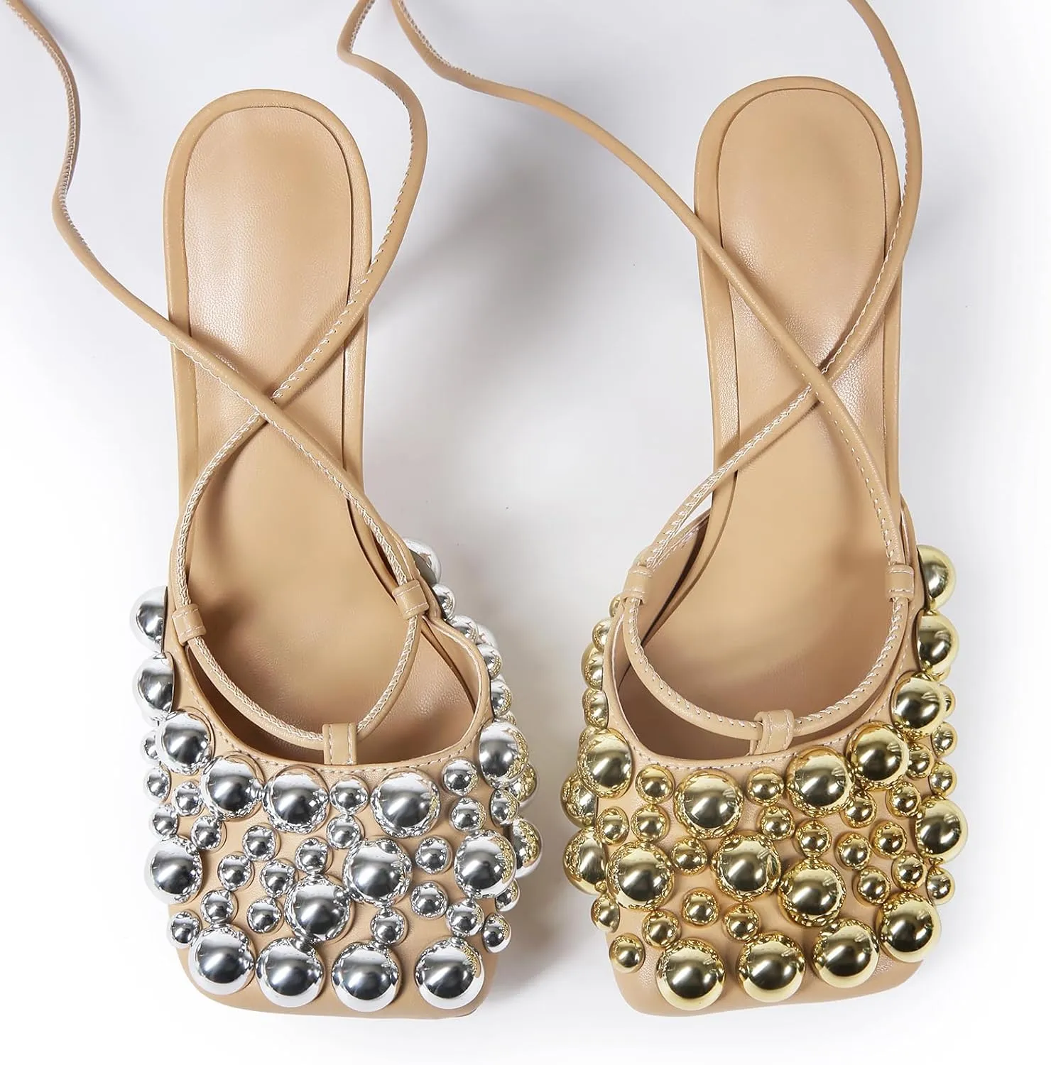 Saint Leia Women's 4IN High Heel Sandals Nude Stiletto Pumps with Gold Silver Pearls Heels for Weddings Parties and Evening Wear