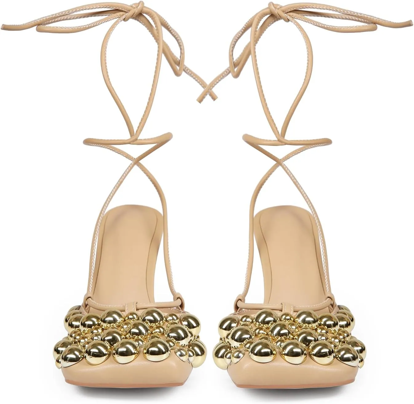 Saint Leia Women's 4IN High Heel Sandals Nude Stiletto Pumps with Gold Silver Pearls Heels for Weddings Parties and Evening Wear