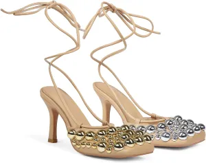 Saint Leia Women's 4IN High Heel Sandals Nude Stiletto Pumps with Gold Silver Pearls Heels for Weddings Parties and Evening Wear