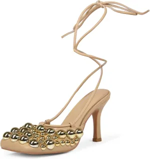 Saint Leia Women's 4IN High Heel Sandals Nude Stiletto Pumps with Gold Silver Pearls Heels for Weddings Parties and Evening Wear