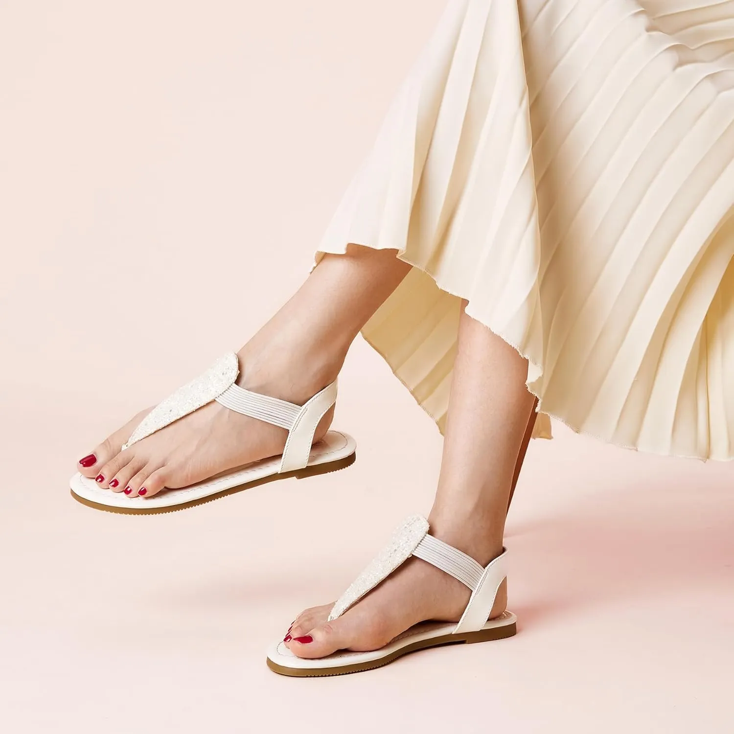 SANDALUP Women's Elastic strappy Flat Sandals w Sparkling Thong Sandals for Women - Ankle Strap Sandals for Dressy Summer - Sparkly Sandals Women for Walking