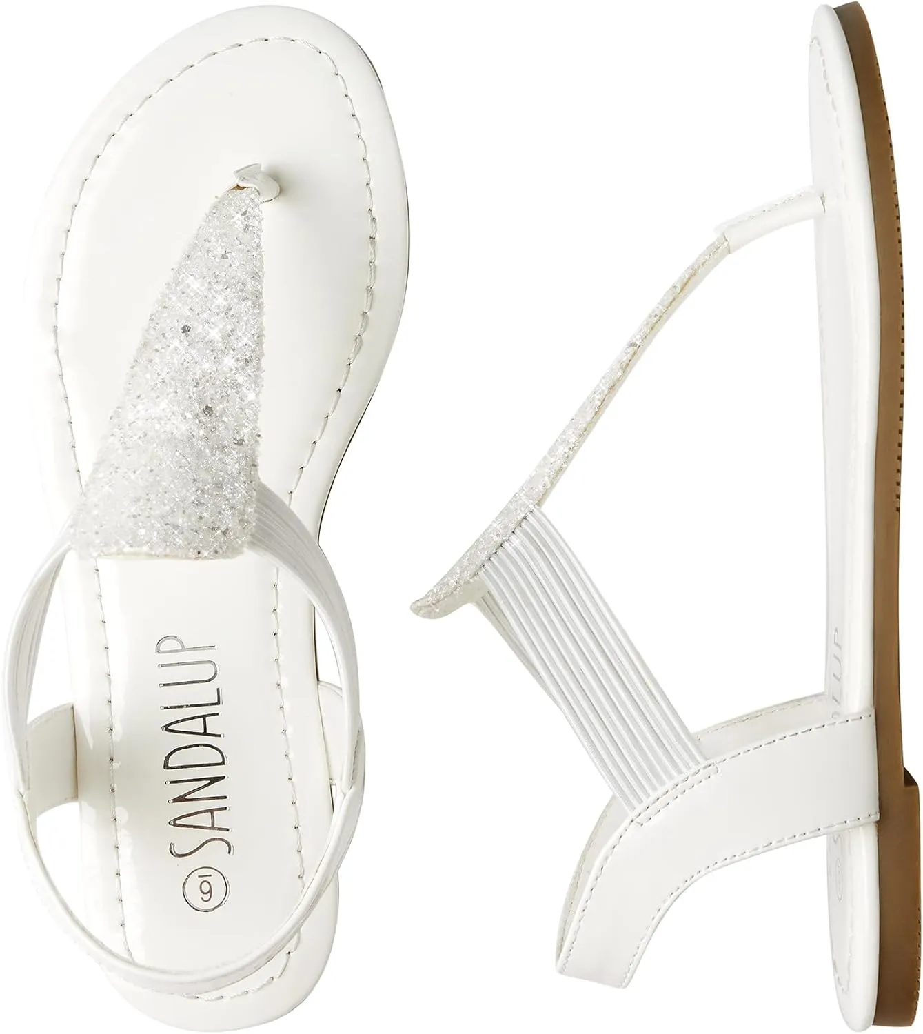 SANDALUP Women's Elastic strappy Flat Sandals w Sparkling Thong Sandals for Women - Ankle Strap Sandals for Dressy Summer - Sparkly Sandals Women for Walking
