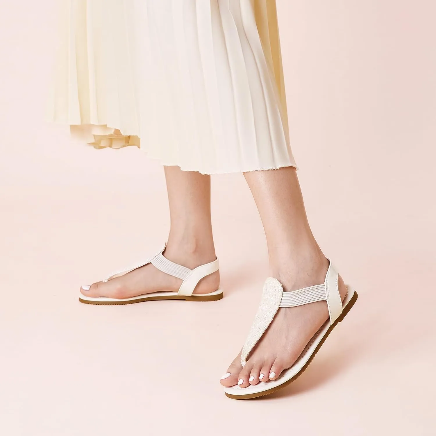 SANDALUP Women's Elastic strappy Flat Sandals w Sparkling Thong Sandals for Women - Ankle Strap Sandals for Dressy Summer - Sparkly Sandals Women for Walking
