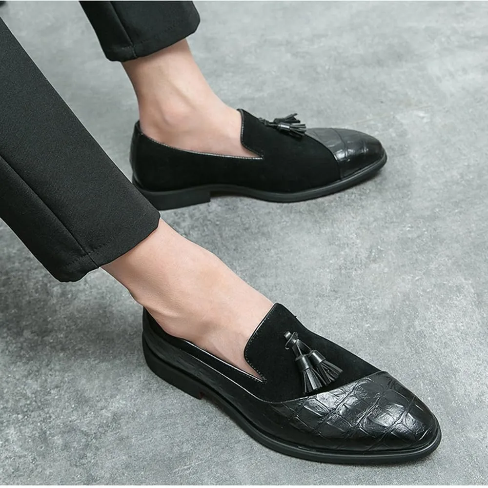 Santimon Men’s Tassel Loafers Leather & Suede Slip-On Dress Shoes, Elegant Crocodile Pattern Formal Shoes for Weddings, Business, Casual Black/Brown