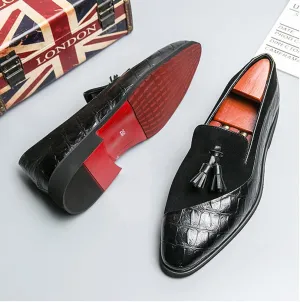 Santimon Men’s Tassel Loafers Leather & Suede Slip-On Dress Shoes, Elegant Crocodile Pattern Formal Shoes for Weddings, Business, Casual Black/Brown