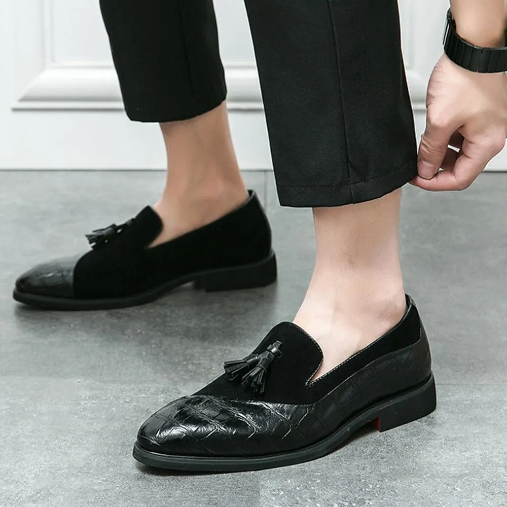 Santimon Men’s Tassel Loafers Leather & Suede Slip-On Dress Shoes, Elegant Crocodile Pattern Formal Shoes for Weddings, Business, Casual Black/Brown