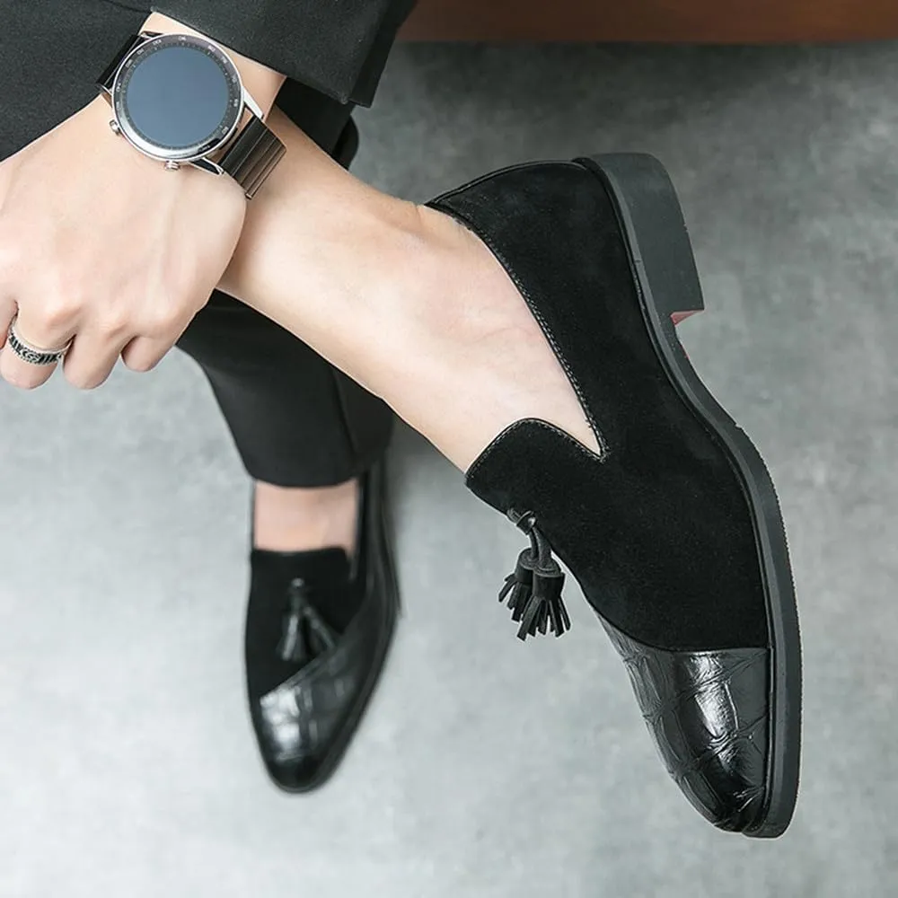 Santimon Men’s Tassel Loafers Leather & Suede Slip-On Dress Shoes, Elegant Crocodile Pattern Formal Shoes for Weddings, Business, Casual Black/Brown