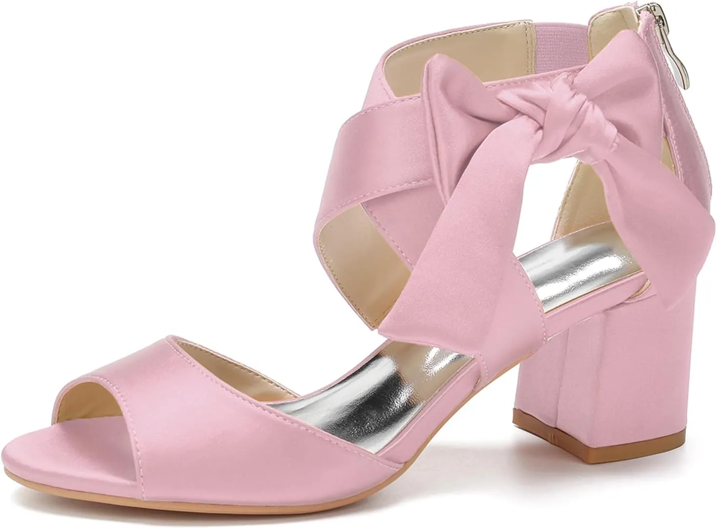 Satin Wedding Sandals for Women Low Chunky Block Heel Cute Bow Peep Toe Back Zipper Bridal Shoes
