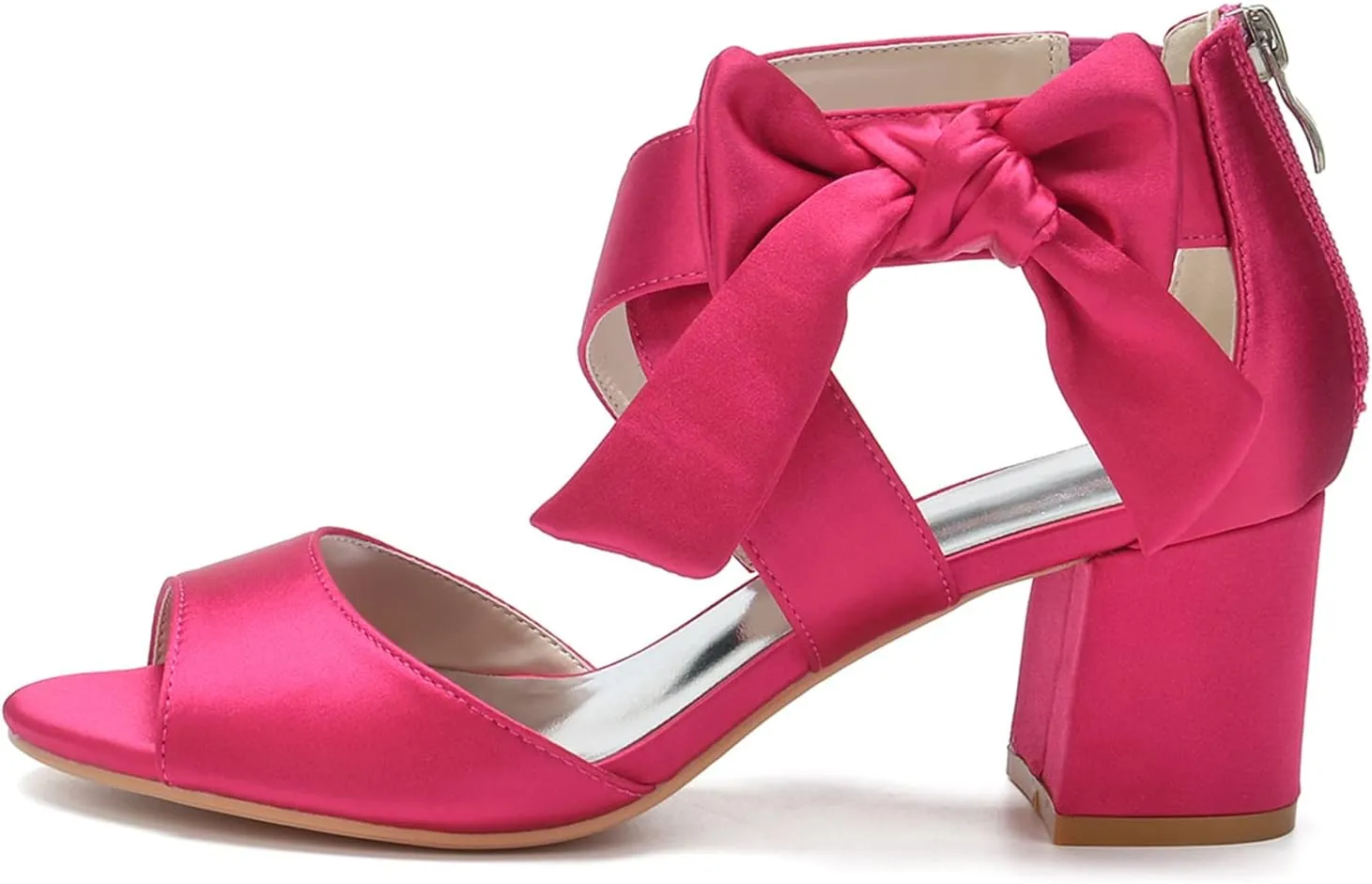 Satin Wedding Sandals for Women Low Chunky Block Heel Cute Bow Peep Toe Back Zipper Bridal Shoes