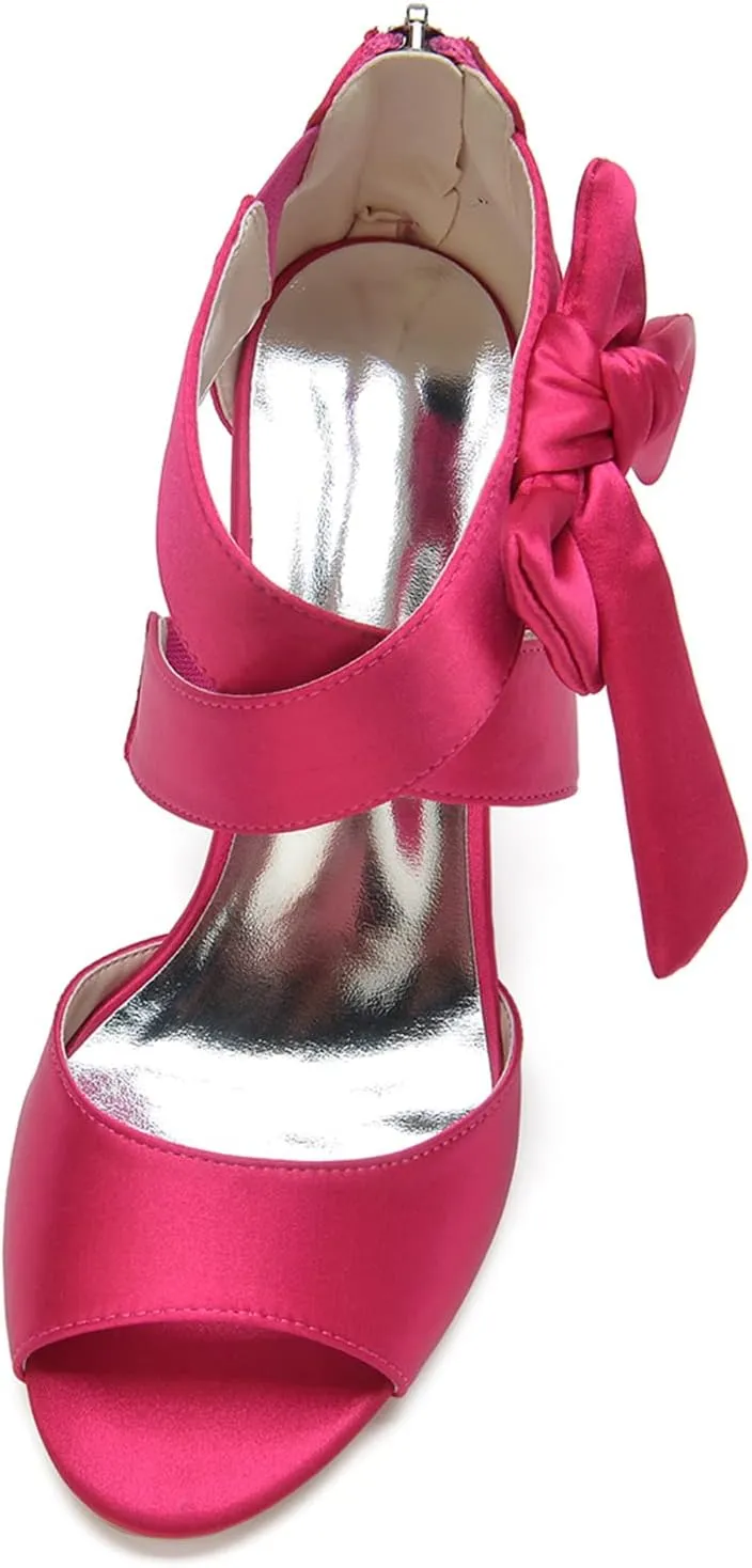 Satin Wedding Sandals for Women Low Chunky Block Heel Cute Bow Peep Toe Back Zipper Bridal Shoes