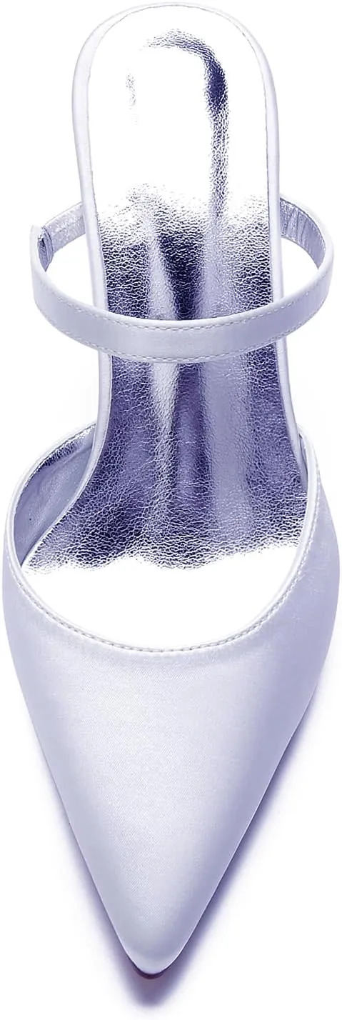 Satin Women's Block Heel Pointed 9CM Bridal Slip-On Sandals Shoes Wedding Backless Slingback for Prom Party Pump Dress Closed Toe